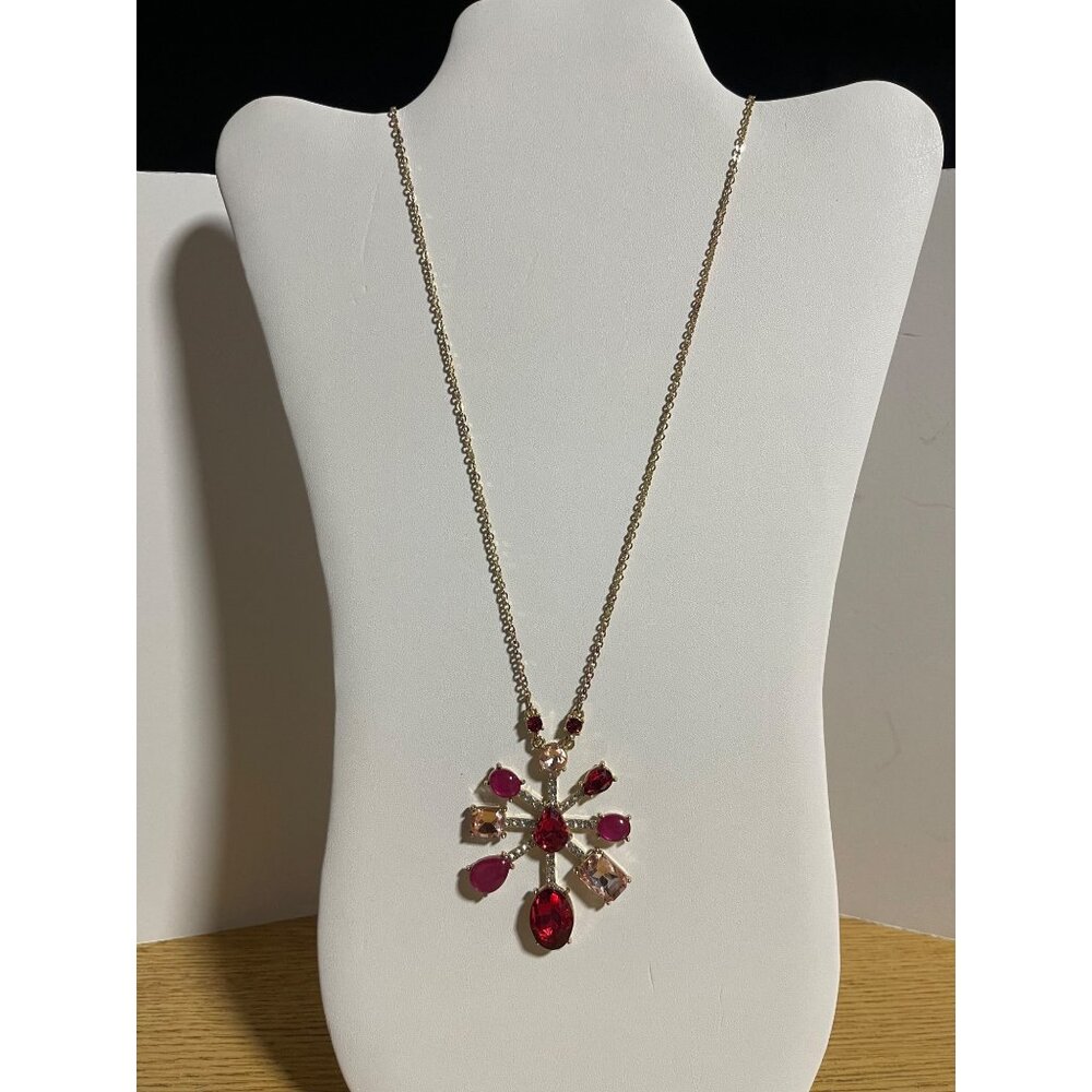 A New Day Gold Tone Necklace Red & Pink Firework Floral Pendant Costume Jewelry